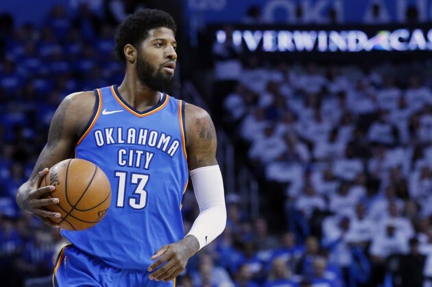 Oklahoma City Thunder forward Paul George (13) during Game 5 of an NBA basketball first-round playoff series between the Utah Jazz and the Oklahoma City Thunder n Oklahoma City, Wednesday, April 25, 2018. (AP Photo/Sue Ogrocki)