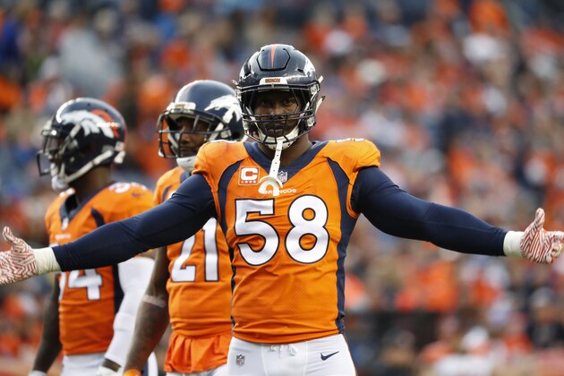Denver Broncos outside linebacker Von Miller throws his arms up during an NFL football game between the Denver Broncos and the Cincinnati Bengals, Sunday, Nov. 19, 2017, in Denver. (AP Photo/Jack Dempsey)