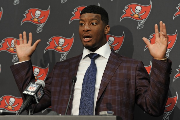 Jameis Winston answers question after an NFL football game against the Carolina Panthers in Charlotte, N.C., Sunday, Dec. 24, 2017. (AP Photo/Mike McCarn)