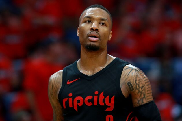 NEW ORLEANS, LA - APRIL 19:  Damian Lillard #0 of the Portland Trail Blazers stands on the court during Game 3 of the Western Conference playoffs against the New Orleans Pelicans at the Smoothie King Center on April 19, 2018 in New Orleans, Louisiana. NOTE TO USER: User expressly acknowledges and agrees that, by downloading and or using this photograph, User is consenting to the terms and conditions of the Getty Images License Agreement.  (Photo by Sean Gardner/Getty Images)