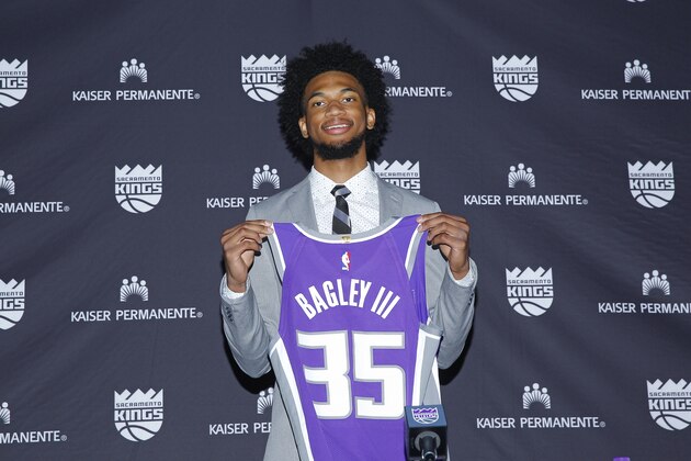 SACRAMENTO, CA - JUNE 23: Marvin Bagley III of the Sacramento Kings is introduced to the media on June 23, 2018 at the Golden 1 Center in Sacramento, California. NOTE TO USER: User expressly acknowledges and agrees that, by downloading and/or using this Photograph, user is consenting to the terms and conditions of the Getty Images License Agreement. Mandatory Copyright Notice: Copyright 2017 NBAE (Photo by Rocky Widner/NBAE via Getty Images)Marvin Bagley III