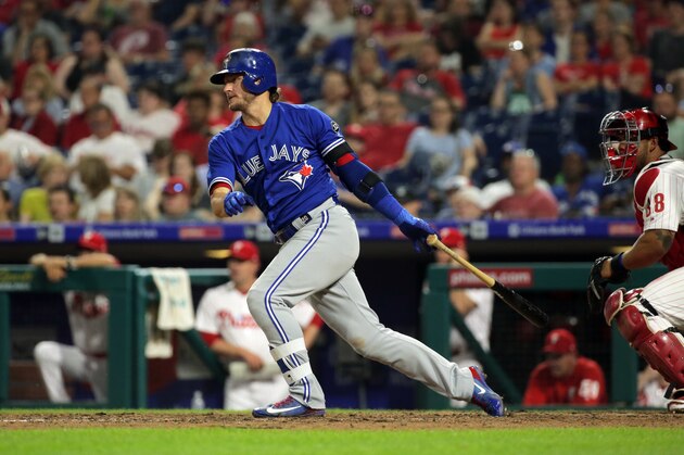 PHILADELPHIA, PA - MAY 25: Josh Donaldson #20 of the Toronto Blue Jays bats during a game against the Philadelphia Phillies at Citizens Bank Park on May 25, 2018 in Philadelphia, Pennsylvania. The Blue Jays won 6-5. (Photo by Hunter Martin/Getty Images)