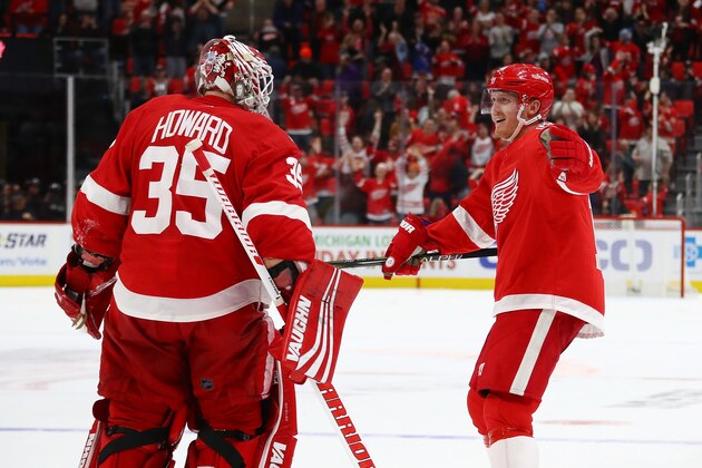 DETROIT, MI - DECEMBER 29: Gustav Nyquist #14 of the Detroit Red Wings celebrates a 3-2 shootout win over the New York Rangers with Jimmy Howard #35 at Little Caesars Arena on December 29, 2017 in Detroit, Michigan. (Photo by Gregory Shamus/Getty Images)