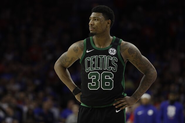 Boston Celtics' Marcus Smart in action during Game 3 of an NBA basketball second-round playoff series against the Philadelphia 76ers, Saturday, May 5, 2018, in Philadelphia. (AP Photo/Matt Slocum)