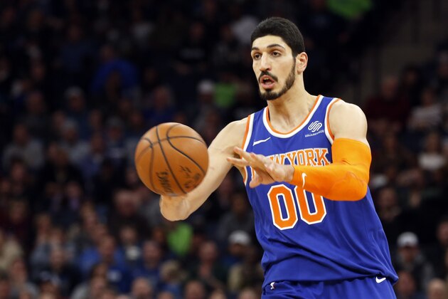 New York Knicks' Enes Kanter of Switzerland plays against the Minnesota Timberwolves in the second half of an NBA basketball game Friday, Jan. 12, 2018, in Minneapolis. (AP Photo/Jim Mone)