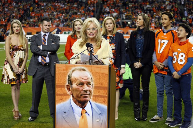 Annabel Bowlen, wife of Broncos owner Pat Bowlen, speaks on behalf of her husband during his  Broncos' Ring of Honor induction at halftime of an NFL football game against the Green Bay Packers, Sunday, Nov. 1, 2015, in Denver.(AP Photo/Joe Mahoney)