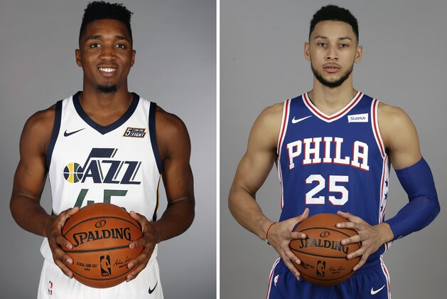 FILE - At left, in a Sept. 25, 2017, file photo, Utah Jazz's Donovan Mitchell, poses for a picture at their media day in Salt Lake City. At right, also in a Sept. 25, 2017, file photo, Philadelphia 76ers' Ben Simmons poses for a photograph at their media day in Camden, N.J. Simmons and Mitchell are unanimous selections to the NBA's All-Rookie team, Tuesday, May 22, 2018. The two guards received all 100 first-place votes from a panel of sports writers and broadcasters.(AP Photo/File)