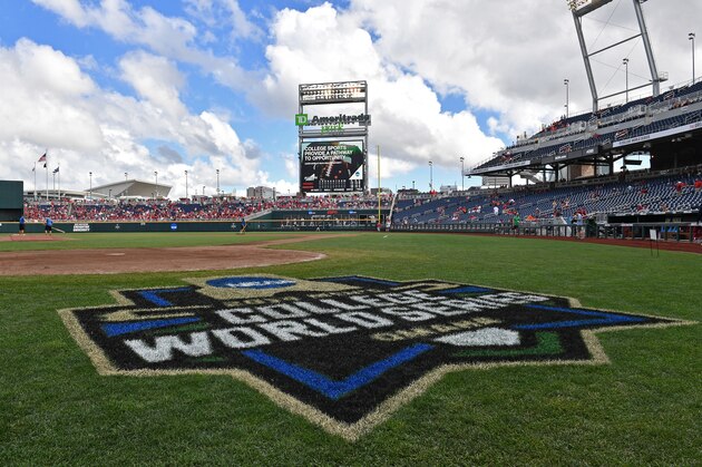 Omaha, NE - JUNE 25:  A general view of TD Ameritrade Park as the grounds crew gets the field ready for game one of the College World Series Championship Series between the Arkansas Razorbacks and the Oregon State Beavers on June 25, 2018 at in Omaha, Nebraska.  (Photo by Peter Aiken/Getty Images)