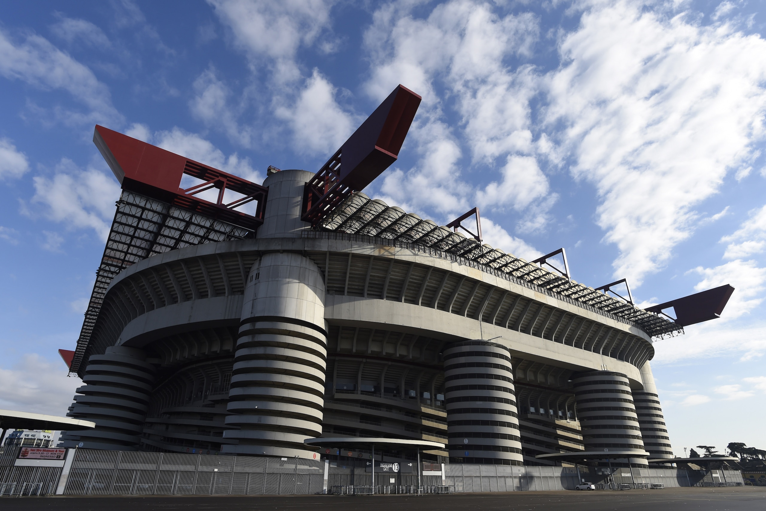A picture taken on February 7, 2017 shows the Stadio Giuseppe Meazza, commonly known as San Siro in Milan. 
San Siro is the home of A.C. Milan and Inter Milan football clubs.  / AFP PHOTO / MIGUEL MEDINA        (Photo credit should read MIGUEL MEDINA/AFP/Getty Images)