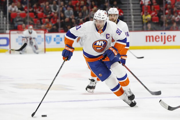 New York Islanders center John Tavares (91) skates against the Detroit Red Wings in the first period of an NHL hockey game Saturday, April 7, 2018, in Detroit. (AP Photo/Paul Sancya)