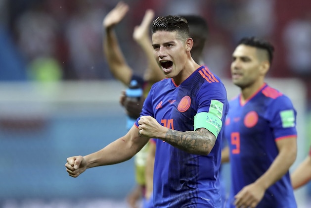 Colombia's James Rodriguez celebrates winning the group H match between Poland and Colombia at the 2018 soccer World Cup at the Kazan Arena in Kazan, Russia, Sunday, June 24, 2018. (AP Photo/Thanassis Stavrakis)