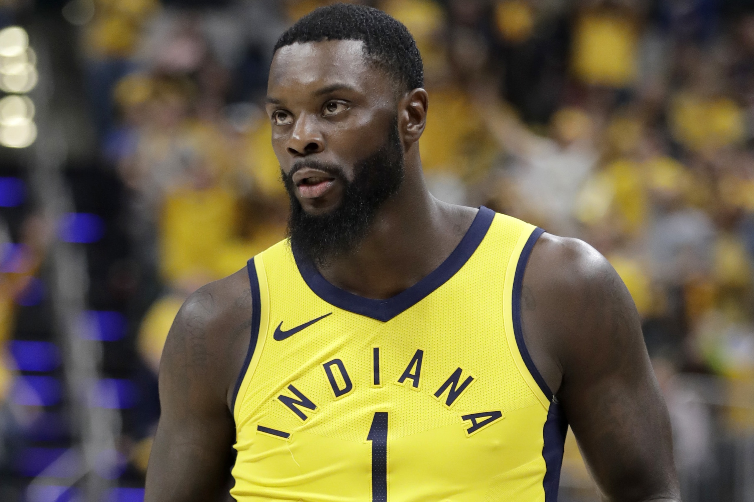 Indiana Pacers' Lance Stephenson celebrates during the second half of Game 6 of a first-round NBA basketball playoff series against the Cleveland Cavaliers, Friday, April 27, 2018, in Indianapolis. (AP Photo/Darron Cummings)