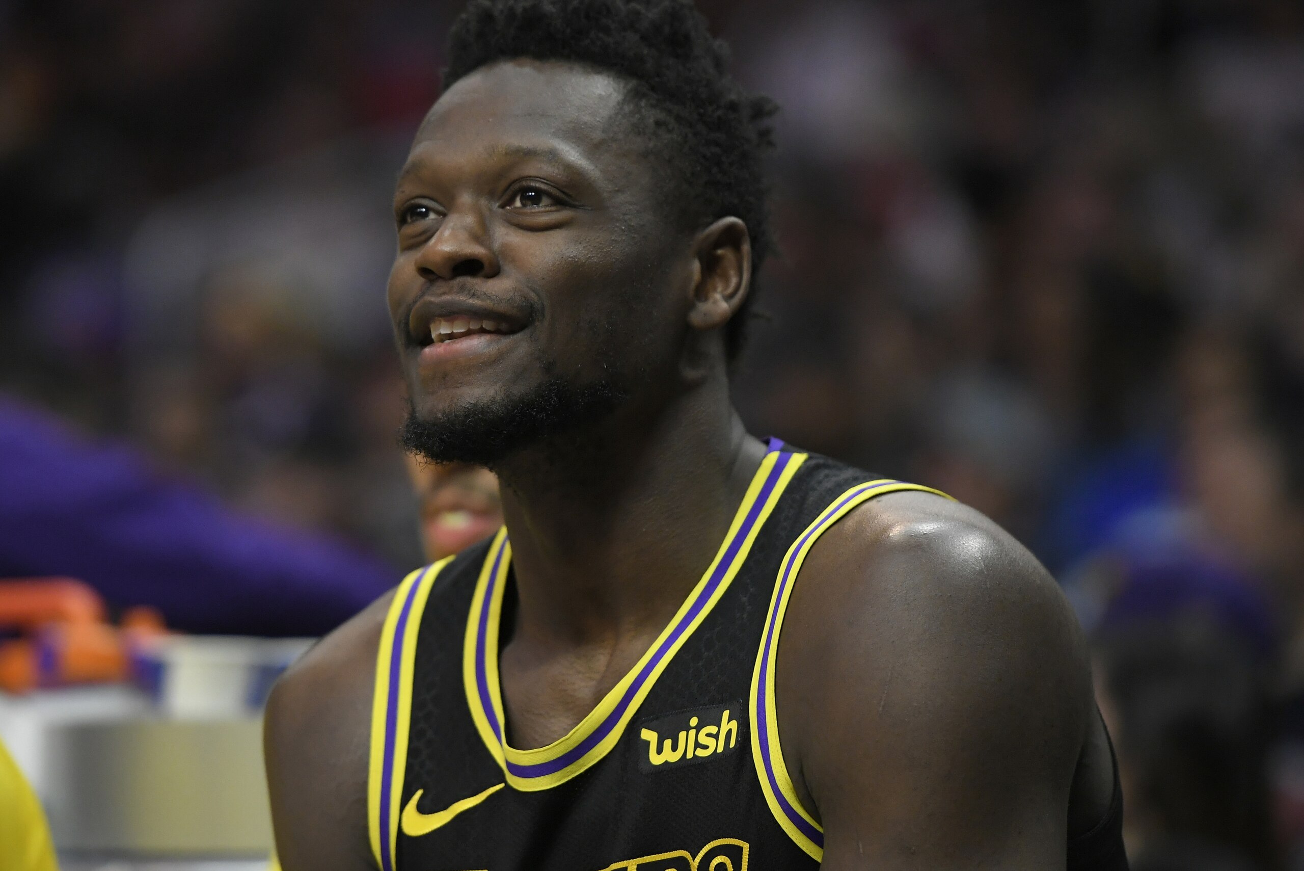 LOS ANGELES, CA - APRIL 11:  Julius Randle #30 of the Los Angeles Lakers on the bench in the second half at Staples Center on April 11, 2018 in Los Angeles, California. NOTE TO USER: User expressly acknowledges and agrees that, by downloading and or using this photograph, User is consenting to the terms and conditions of the Getty Images License Agreement. (Photo by John McCoy/Getty Images) *** Local Caption ***  Julius Randle