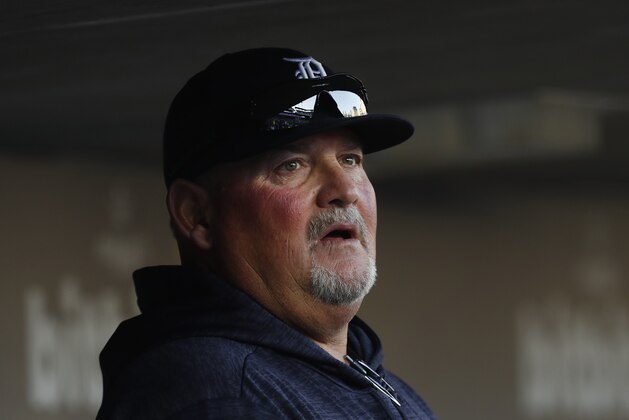 Detroit Tigers pitching coach Chris Bosio watches against the Kansas City Royals in the first inning of a baseball game in Detroit, Friday, April 20, 2018. (AP Photo/Paul Sancya)