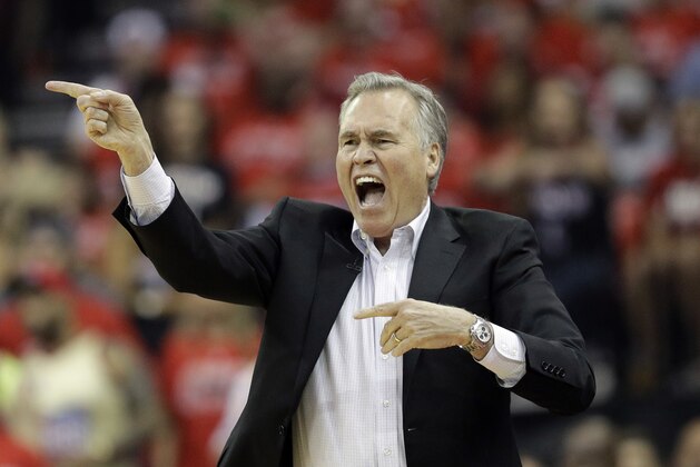 Houston Rockets head coach Mike D'Antoni signals to his players during the first half in Game 7 of the NBA basketball Western Conference finals against the Golden State Warriors, Monday, May 28, 2018, in Houston. (AP Photo/David Phillip)