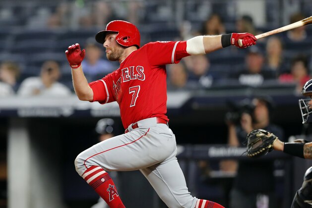 NEW YORK, NY - MAY 25:  Zack Cozart #7 of the Los Angeles Angels bats in an MLB baseball game against the New York Yankees on May 25, 2018 at Yankee Stadium in the Bronx borough of New York City. Yankees won 2-1. (Photo by Paul Bereswill/Getty Images)