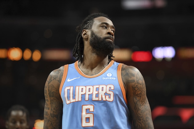 Los Angeles Clippers center DeAndre Jordan (6) looks on as the Portland Trail Blazers extend their lead during an NBA basketball game, Sunday, March 18, 2018, in Los Angeles. (AP Photo/Michael Owen Baker)