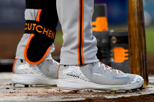 LOS ANGELES, CA - JUNE 16:  View of the baseball cleats worn by Andrew McCutchen #22 of the San Francisco Giants as he waits on deck in the seventh inning of the game against the Los Angeles Dodgers at Dodger Stadium on June 16, 2018 in Los Angeles, California.  (Photo by Jayne Kamin-Oncea/Getty Images)