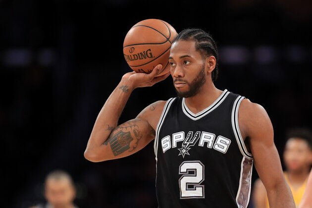 LOS ANGELES, CA - NOVEMBER 18:  Kawhi Leonard #2 of the San Antonio Spurs looks on during the first half of a game against the Los Angeles Lakers at Staples Center on November 18, 2016 in Los Angeles, California. NOTE TO USER: User expressly acknowledges and agrees that, by downloading and or using this photograph, User is consenting to the terms and conditions of the Getty Images License Agreement  (Photo by Sean M. Haffey/Getty Images)