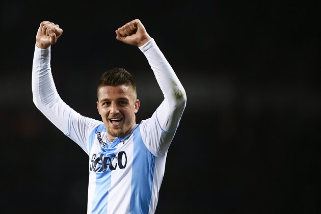 Lazio's midfielder Sergej Milinkovic-Savic from Serbia celebrates at the end of the Italian Serie A football match Torino Vs Lazio on April 29, 2018 at the 'Grande Torino Stadium' in Turin. (Photo by MARCO BERTORELLO / AFP) (Photo credit should read MARCO BERTORELLO/AFP/Getty Images) Lazio's midfielder Sergej Milinkovic-Savic from Serbia celebrates at the end of the Italian Serie A football match Torino Vs Lazio on April 29, 2018 at the 'Grande Torino Stadium' in Turin. (Photo by MARCO BERTORELLO / AFP) (Photo credit should read MARCO BERTORELLO/AFP/Getty Images)
