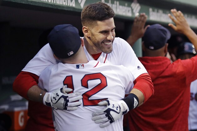 CORRECTS TO J.D. MARTINEZ, INSTEAD OF J.D. DREW - Boston Red Sox's J.D. Martinez is embraced by Brock Holt (12) after belting a three-run home run off Los Angeles Angels starting pitcher Andrew Heaney during the second inning of a baseball game at Fenway Park in Boston, Wednesday, June 27, 2018. (AP Photo/Charles Krupa) CORRECTS TO J.D. MARTINEZ, INSTEAD OF J.D. DREW - Boston Red Sox's J.D. Martinez is embraced by Brock Holt (12) after belting a three-run home run off Los Angeles Angels starting pitcher Andrew Heaney during the second inning of a baseball game at Fenway Park in Boston, Wednesday, June 27, 2018. (AP Photo/Charles Krupa)