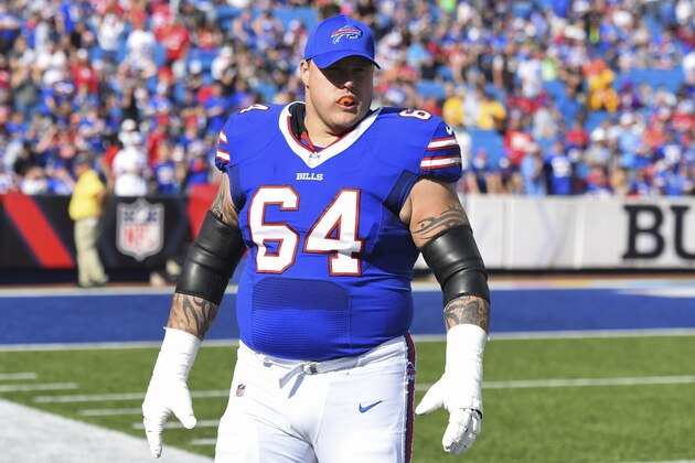 Buffalo Bills offensive guard Richie Incognito (64) on the sidelines before an NFL football game against the Tampa Bay Buccaneers Sunday, Oct. 22, 2017, in Orchard Park, N.Y. (AP Photo/Rich Barnes)