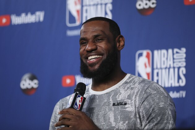 Cleveland Cavaliers forward LeBron James takes questions at a press conference after the basketball team's practiced during the NBA Finals, Thursday, June 7, 2018, in Cleveland. The Warriors lead the series 3-0 with Game 4 on Friday. (AP Photo/Carlos Osorio) Cleveland Cavaliers forward LeBron James takes questions at a press conference after the basketball team's practiced during the NBA Finals, Thursday, June 7, 2018, in Cleveland. The Warriors lead the series 3-0 with Game 4 on Friday. (AP Photo/Carlos Osorio)