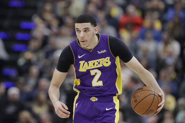 Los Angeles Lakers' Lonzo Ball in action during the first half of an NBA basketball game against the Indiana Pacers, Monday, March 19, 2018, in Indianapolis. (AP Photo/Darron Cummings)
