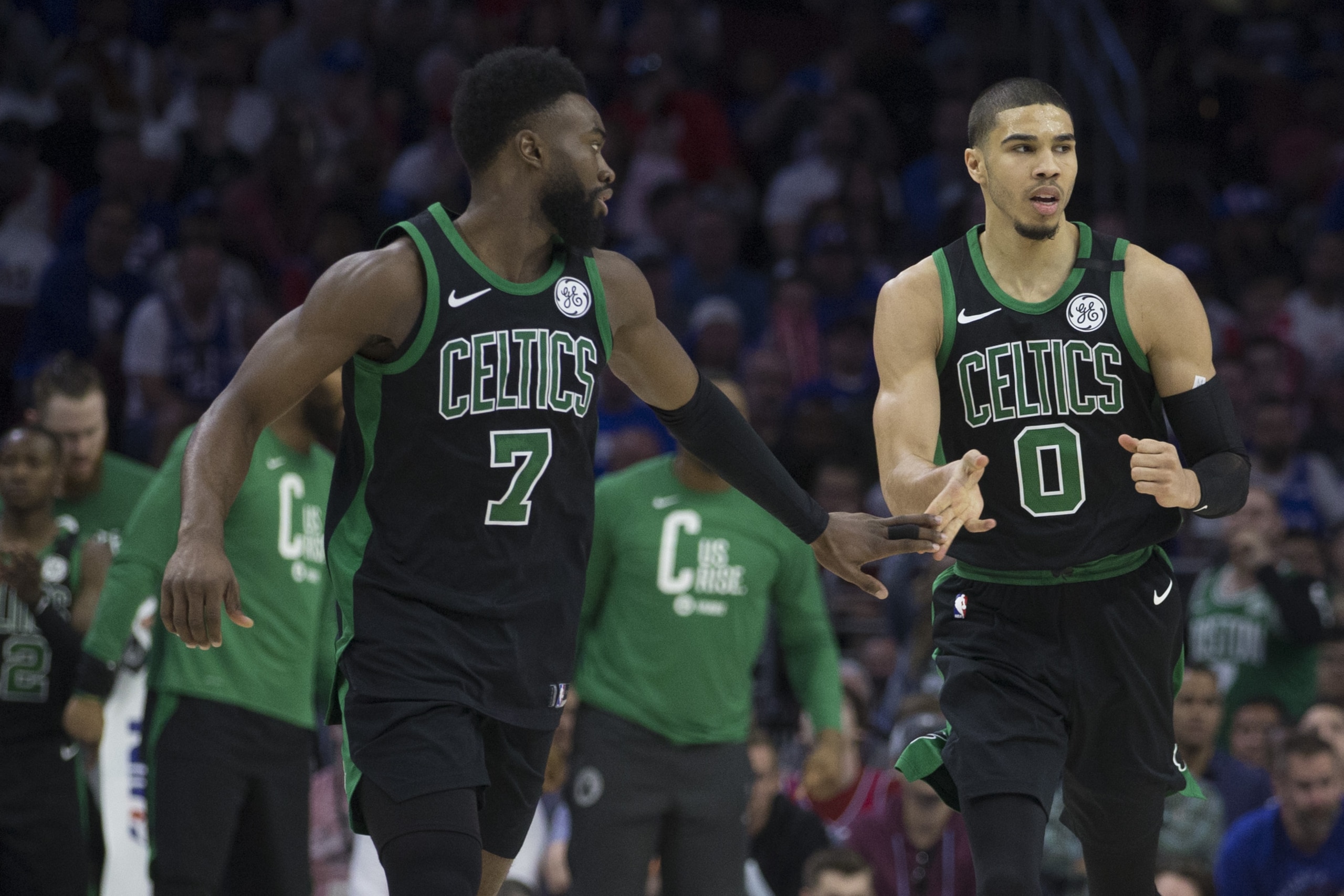 PHILADELPHIA, PA - MAY 5: Jaylen Brown #7 and Jayson Tatum #0 of the Boston Celtics celebrate against the Philadelphia 76ers during Game Three of the Eastern Conference Second Round of the 2018 NBA Playoff at Wells Fargo Center on May 5, 2018 in Philadelphia, Pennsylvania. NOTE TO USER: User expressly acknowledges and agrees that, by downloading and or using this photograph, User is consenting to the terms and conditions of the Getty Images License Agreement. (Photo by Mitchell Leff/Getty Images) *** Local Caption *** Jaylen Brown;Jayson Tatum PHILADELPHIA, PA - MAY 5: Jaylen Brown #7 and Jayson Tatum #0 of the Boston Celtics celebrate against the Philadelphia 76ers during Game Three of the Eastern Conference Second Round of the 2018 NBA Playoff at Wells Fargo Center on May 5, 2018 in Philadelphia, Pennsylvania. NOTE TO USER: User expressly acknowledges and agrees that, by downloading and or using this photograph, User is consenting to the terms and conditions of the Getty Images License Agreement. (Photo by Mitchell Leff/Getty Images) *** Local Caption *** Jaylen Brown;Jayson Tatum