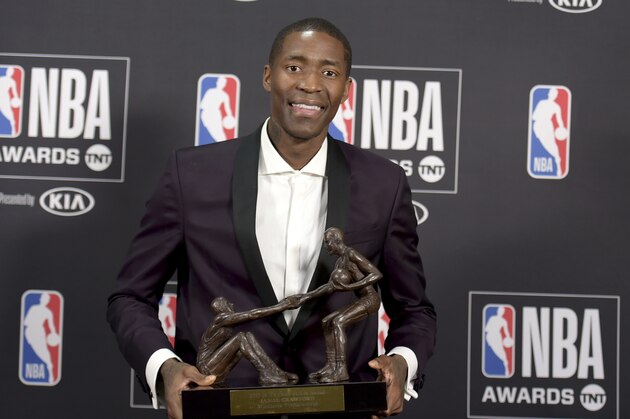 Jamal Crawford, of the Minnesota Timberwolves, poses in the press room with the Twyman–Stokes teammate of the year award at the NBA Awards on Monday, June 25, 2018, at the Barker Hangar in Santa Monica, Calif. (Photo by Richard Shotwell/Invision/AP)