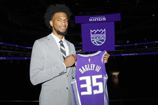 SACRAMENTO, CA - JUNE 23: Marvin Bagley III of the Sacramento Kings is introduced to the media on June 23, 2018 at the Golden 1 Center in Sacramento, California. NOTE TO USER: User expressly acknowledges and agrees that, by downloading and/or using this Photograph, user is consenting to the terms and conditions of the Getty Images License Agreement. Mandatory Copyright Notice: Copyright 2017 NBAE (Photo by Rocky Widner/NBAE via Getty Images)Marvin Bagley III