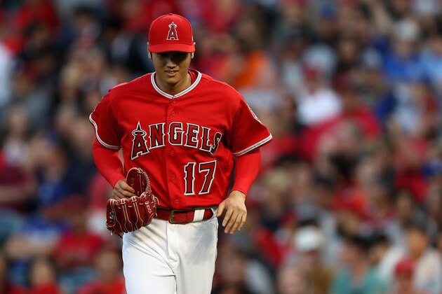 ANAHEIM, CA - JUNE 06:  Shohei Ohtani #17 of the Los Angeles Angels of Anaheim walks to the dugout  during the fourth inning of a game against the Kansas City Royals at Angel Stadium on June 6, 2018 in Anaheim, California.  (Photo by Sean M. Haffey/Getty Images)