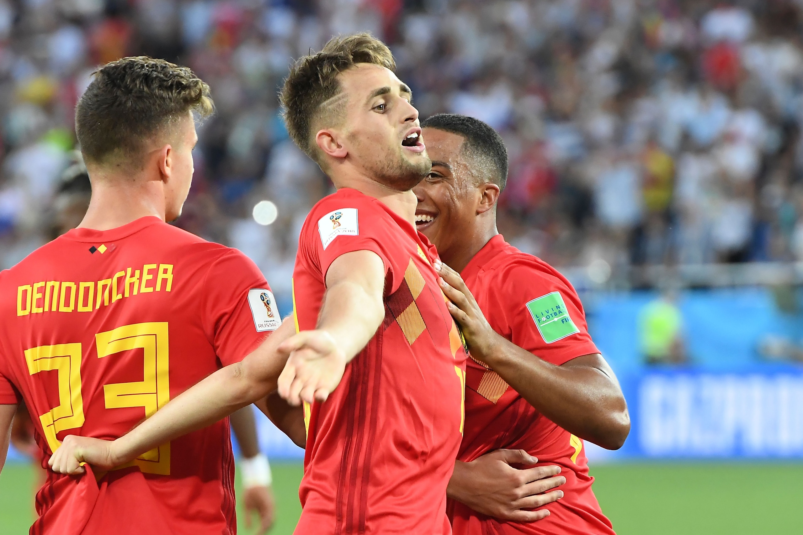 TOPSHOT - Belgium's forward Adnan Januzaj (C) celebrates scoring the opening goal with his teammates during the Russia 2018 World Cup Group G football match between England and Belgium at the Kaliningrad Stadium in Kaliningrad on June 28, 2018. (Photo by Attila KISBENEDEK / AFP) / RESTRICTED TO EDITORIAL USE - NO MOBILE PUSH ALERTS/DOWNLOADS        (Photo credit should read ATTILA KISBENEDEK/AFP/Getty Images)