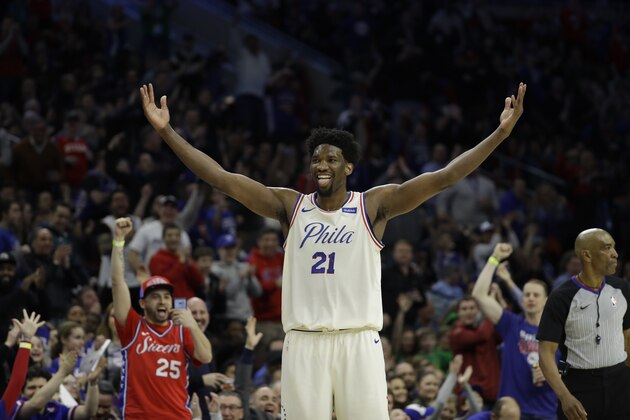 Philadelphia 76ers' Joel Embiid in action an NBA basketball game against the Brooklyn Nets, Friday, March 16, 2018, in Philadelphia. (AP Photo/Matt Slocum)