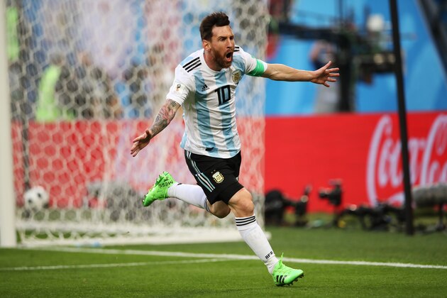 SAINT PETERSBURG, RUSSIA - JUNE 26: Lionel Messi of Argentina icelebrates after he scores the opening goal during the 2018 FIFA World Cup Russia group D match between Nigeria and Argentina at Saint Petersburg Stadium on June 26, 2018 in Saint Petersburg, Russia. (Photo by Ian MacNicol/Getty Images)