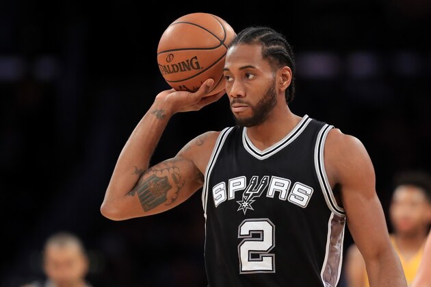 LOS ANGELES, CA - NOVEMBER 18:  Kawhi Leonard #2 of the San Antonio Spurs looks on during the first half of a game against the Los Angeles Lakers at Staples Center on November 18, 2016 in Los Angeles, California. NOTE TO USER: User expressly acknowledges and agrees that, by downloading and or using this photograph, User is consenting to the terms and conditions of the Getty Images License Agreement  (Photo by Sean M. Haffey/Getty Images)