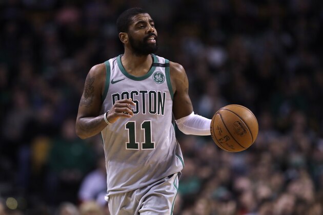 Boston Celtics guard Kyrie Irving (11) during the first quarter of an NBA basketball game in Boston, Monday, Feb. 26, 2018. (AP Photo/Charles Krupa)