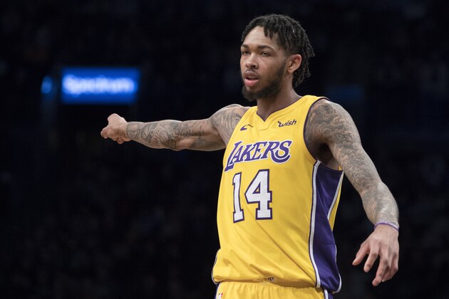 Los Angeles Lakers forward Brandon Ingram gestures during the second half of an NBA basketball game against the Brooklyn Nets, Friday, Feb. 2, 2018, in New York. The Lakers won 102-99. (AP Photo/Mary Altaffer)