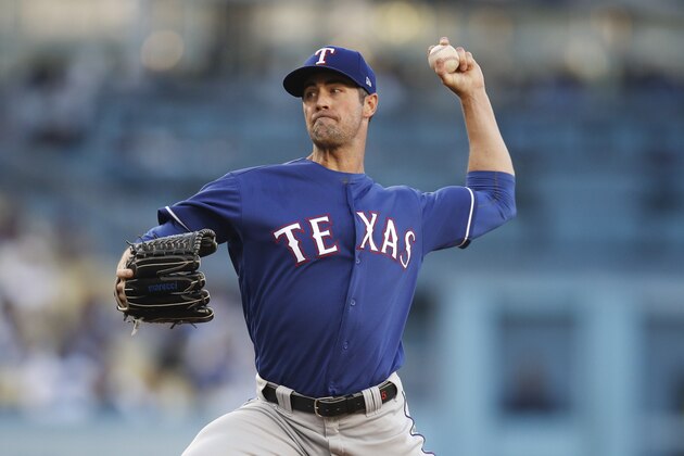 Texas Rangers starting pitcher Cole Hamels throws against the Los Angeles Dodgers during the first inning of a baseball game, Wednesday, June 13, 2018, in Los Angeles. (AP Photo/Jae C. Hong)