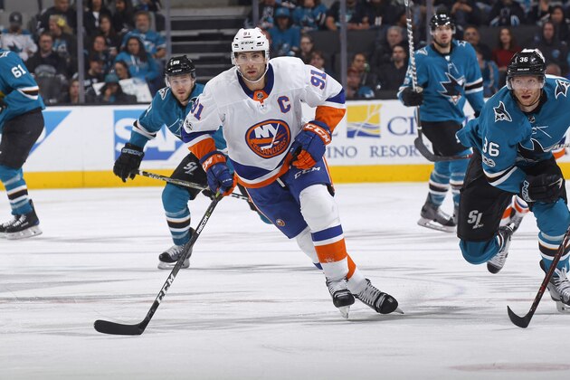 SAN JOSE, CA - OCTOBER 14: John Tavares #91 of the New York Islanders skates against the San Jose Sharks at SAP Center on October 14, 2017 in San Jose, California. (Photo by Rocky W. Widner/NHL/Getty Images)