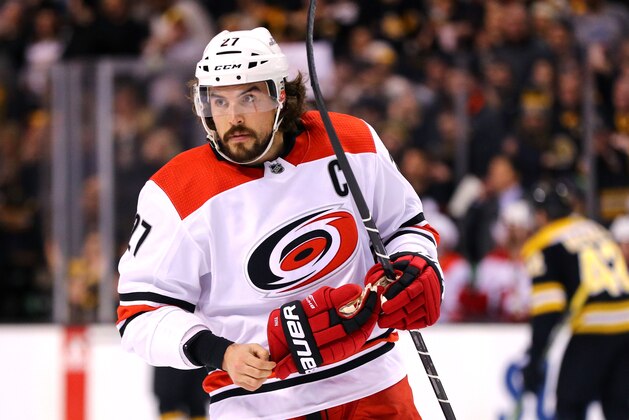 BOSTON, MA - JANUARY 6: Justin Faulk #27 of the Carolina Hurricanes reacts after Riley Nash #20 of the Boston Bruins scored a goal during the first period at TD Garden on January 6, 2018 in Boston, Massachusetts. (Photo by Maddie Meyer/Getty Images)