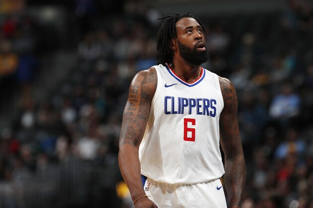 Los Angeles Clippers center DeAndre Jordan (6) in the second half of an NBA basketball game Tuesday, Feb. 27, 2018, in Denver. The Clippers prevailed 122-120. (AP Photo/David Zalubowski)