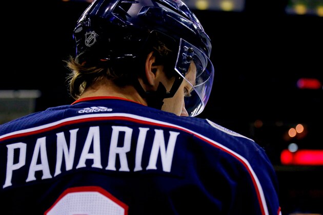 COLUMBUS, OH - APRIL 5:  Artemi Panarin #9 of the Columbus Blue Jackets warms up prior to the start of the game against the Pittsburgh Penguins on April 5, 2018 at Nationwide Arena in Columbus, Ohio. (Photo by Kirk Irwin/Getty Images)