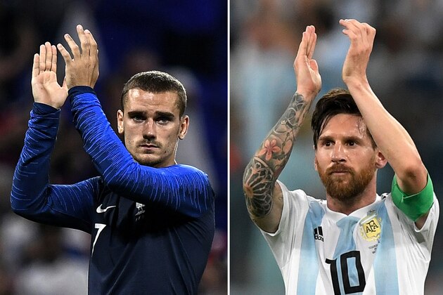 (COMBO) This combination of pictures created on June 28, 2018 shows France's forward Antoine Griezmann in Decines-Charpieu, near Lyon on June 9, 2018 (L) and Argentina's forward Lionel Messi in Saint Petersburg on June 26, 2018. - France will play Argentina in their Russia 2018 World Cup round of 16 football match at the Kazan Arena in Kazan on June 30, 2018. (Photo by Jeff PACHOUD and Gabriel BOUYS / AFP)        (Photo credit should read JEFF PACHOUD,GABRIEL BOUYS/AFP/Getty Images)