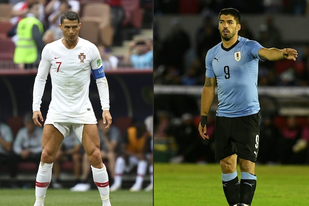 (COMBO) This combination of pictures created on June 28, 2018 shows Portugal's forward Cristiano Ronaldo (L) in Moscow on June 20, 2018, and Uruguay's Luis Suarez (R) in Montevideo, on June 7, 2018. - The European champions, Portugal, will face Uruguay in Sochi on June 30, for a place in the quarter-finals after finishing as runners-up behind Spain in Group B. (Photos by Kirill KUDRYAVTSEV and PABLO PORCIUNCULA / AFP) / RESTRICTED TO EDITORIAL USE - NO MOBILE PUSH ALERTS/DOWNLOADS        (Photo credit should read KIRILL KUDRYAVTSEV,PABLO PORCIUNCULA/AFP/Getty Images)
