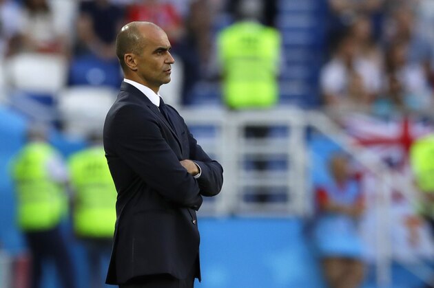 Belgium coach Roberto Martinez looks on during the group G match between England and Belgium at the 2018 soccer World Cup in the Kaliningrad Stadium in Kaliningrad, Russia, Thursday, June 28, 2018. (AP Photo/Alastair Grant)