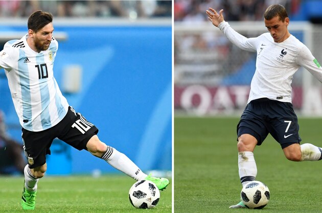 (COMBO) This combination of pictures created on June 28, 2018 shows Argentina's forward Lionel Messi in Saint Petersburg on June 26, 2018 (L) and France's forward Antoine Griezmann in Moscow on June 26, 2018. - France will play Argentina in their Russia 2018 World Cup round of 16 football match at the Kazan Arena in Kazan on June 30, 2018. (Photo by Patrik STOLLARZ and Christophe SIMON / AFP) (Photo credit should read PATRIK STOLLARZ,CHRISTOPHE SIMON/AFP/Getty Images) (COMBO) This combination of pictures created on June 28, 2018 shows Argentina's forward Lionel Messi in Saint Petersburg on June 26, 2018 (L) and France's forward Antoine Griezmann in Moscow on June 26, 2018. - France will play Argentina in their Russia 2018 World Cup round of 16 football match at the Kazan Arena in Kazan on June 30, 2018. (Photo by Patrik STOLLARZ and Christophe SIMON / AFP) (Photo credit should read PATRIK STOLLARZ,CHRISTOPHE SIMON/AFP/Getty Images)