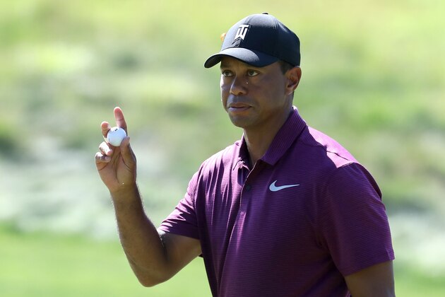 POTOMAC, MD - JUNE 29:  Tiger Woods reacts after putting on the 15th green during the second round of the Quicken Loans National at TPC Potomac on June 29, 2018 in Potomac, Maryland.  (Photo by Rob Carr/Getty Images)