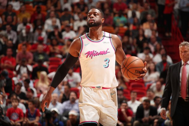 MIAMI, FL - FEBRUARY 27:   Dwyane Wade #3 of the Miami Heat handles the ball against the Philadelphia 76ers on February 27, 2018 at American Airlines Arena in Miami, Florida. NOTE TO USER: User expressly acknowledges and agrees that, by downloading and or using this Photograph, user is consenting to the terms and conditions of the Getty Images License Agreement. Mandatory Copyright Notice: Copyright 2018 NBAE (Photo by Issac Baldizon/NBAE via Getty Images)