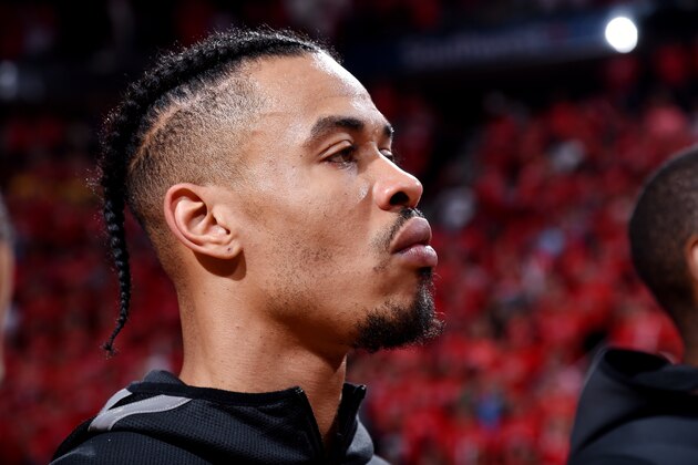 HOUSTON, TX - MAY 28:  Gerald Green #14 of the Houston Rockets looks on during the national anthem prior to game against the Golden State Warriors in Game Seven of the Western Conference Finals during the 2018 NBA Playoffs on May 28, 2018 at the Toyota Center in Houston, Texas. NOTE TO USER: User expressly acknowledges and agrees that, by downloading and or using this photograph, User is consenting to the terms and conditions of the Getty Images License Agreement. Mandatory Copyright Notice: Copyright 2018 NBAE (Photo by Bill Baptist/NBAE via Getty Images)